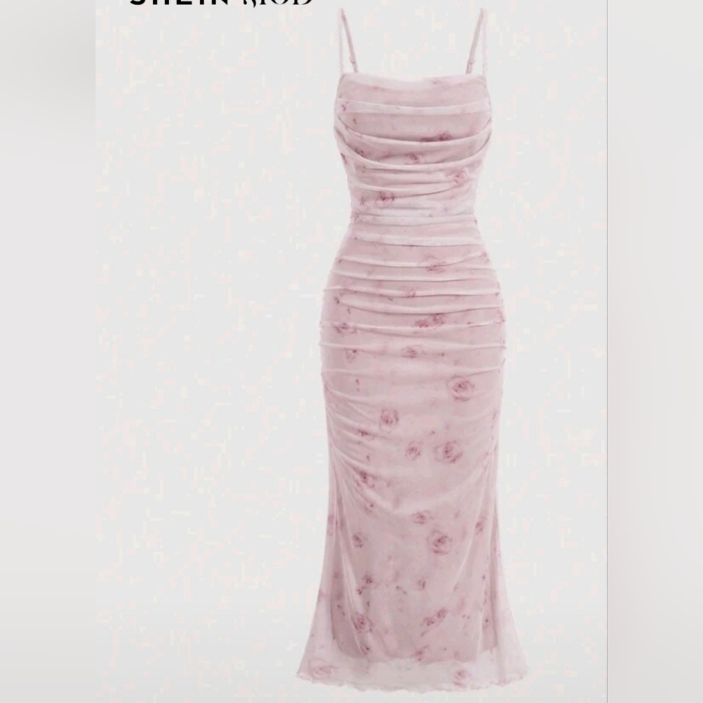 SHEIN Blush Pink Ruched Midi Dress